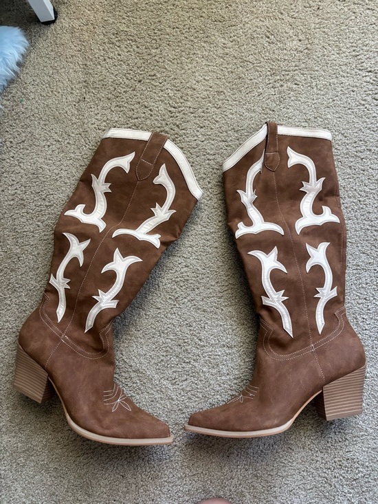 Oasis Society Shoes - Oasis Society Brown Suede Western Knee-High Boots with White Stitching